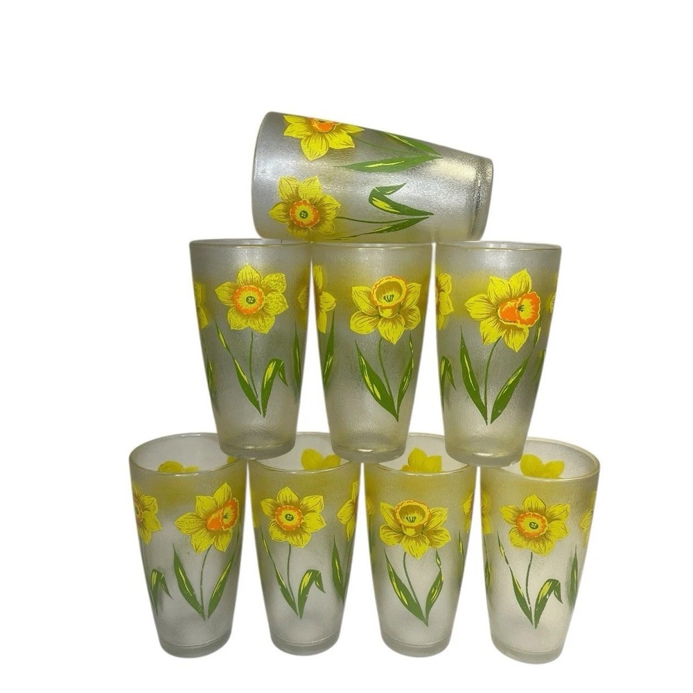 Vintage HJ Stotter Acrylic Tumblers USA Yellow Daffodil Flower Glasses Lot 8 MCM